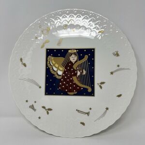 Mikasa Heavenly Joy Bone China Cake Plate Christmas Angel Gold Stars Music 11.5"